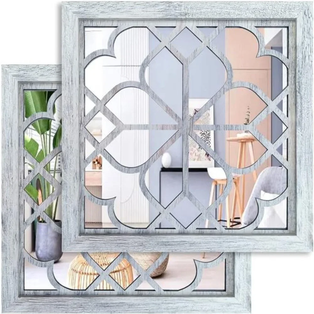 2 PCS Square  Wall Mirror,Gorgeous Rustic Farmhouse Accent Mirror,Rustic White